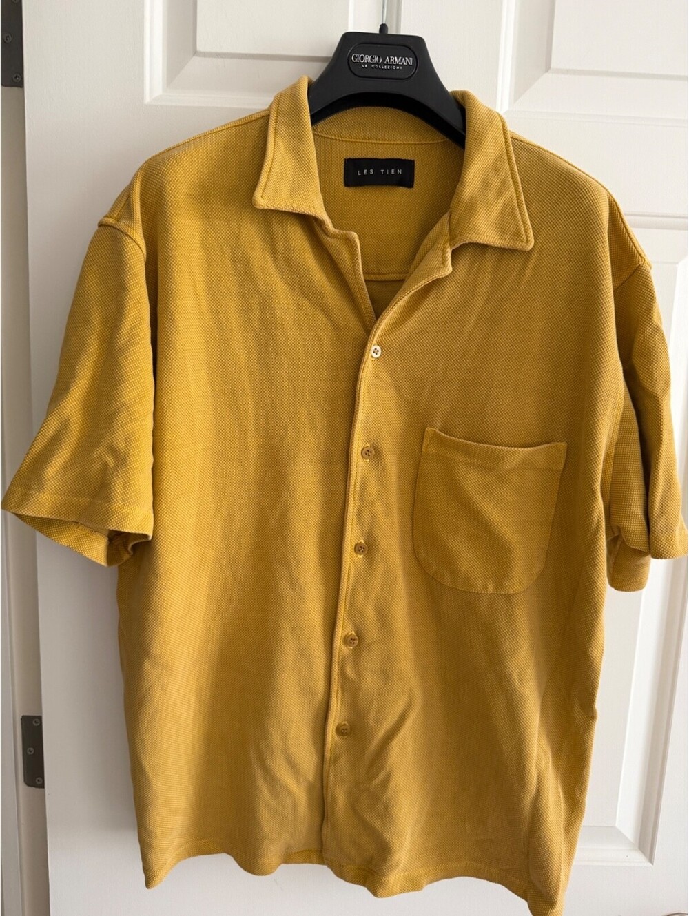 LES TIEN Waffle Knit Camp Shirt Men's Small S Mustard Yellow Cotton Polo Luxe